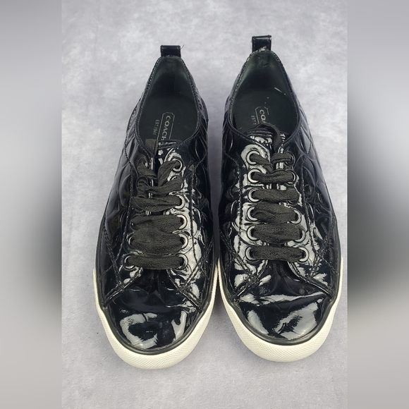 Coach "Suzzy" Black Signature Embossed Patent Leather Sneakers 5B - Picture 1 of 10